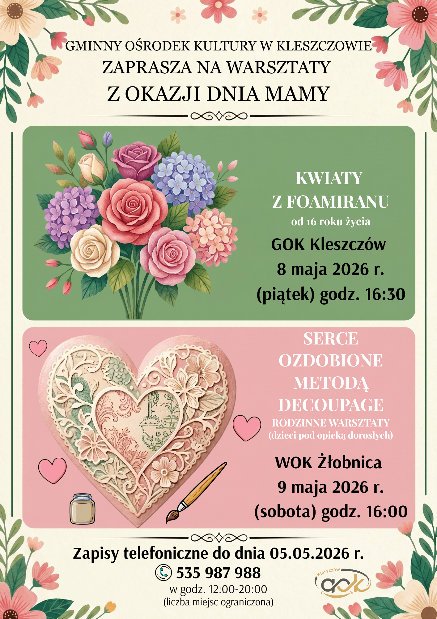 GMINNY OŚRODEK KULTURY W KLESZCZOWIE ZAPRASZA MAMY NA WARSZTATY Z OKAZJI DNIA MAMY (3)